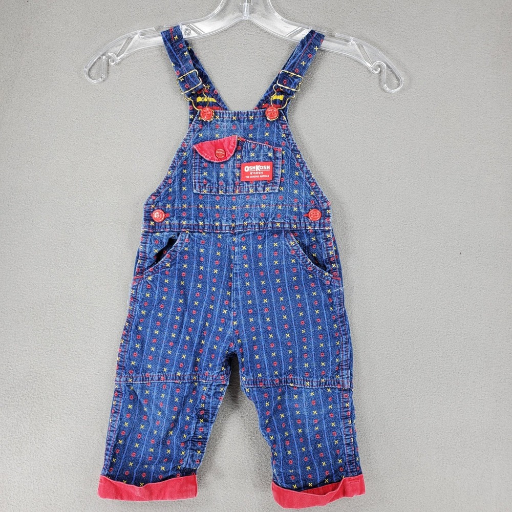 OshKosh B'Gosh Overalls Kids 18M Blue Vintage USA Made X O Geometric Print Denim
